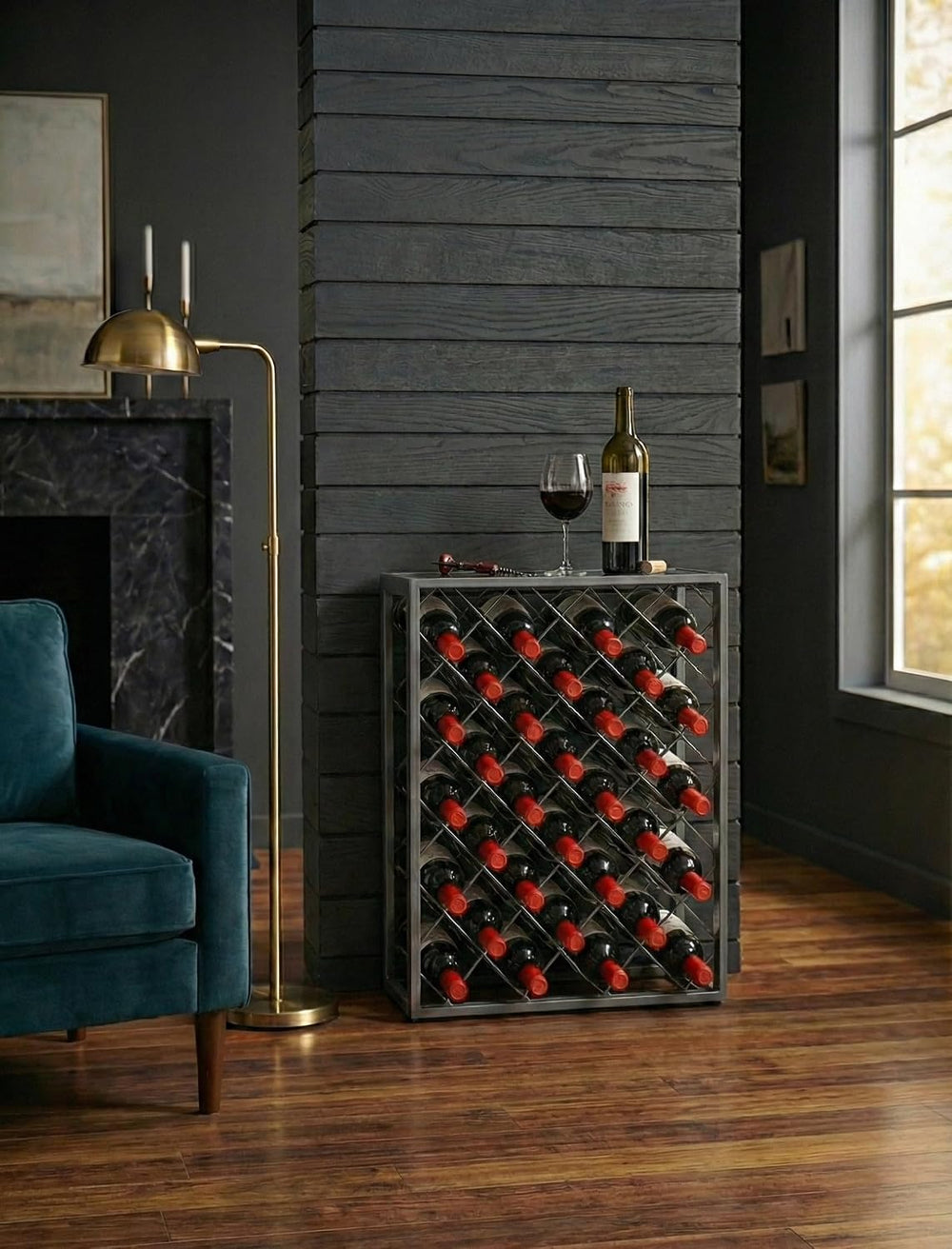 Mango Steam 32 Bottle Gray Wine Rack with Gray Glass Top Shelf, Free Standing...