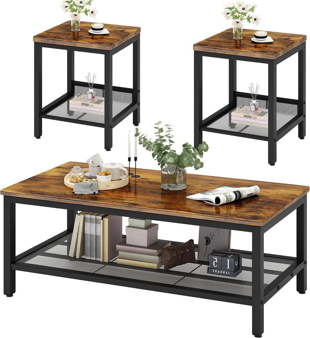 3-Piece Coffee Table and End Table Sets for Living Room, Industrial Coffee Ta...