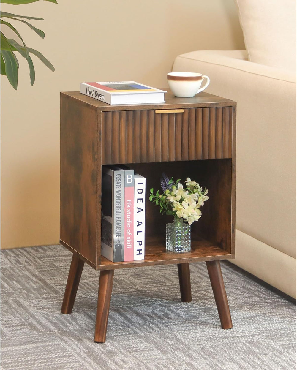 Fultyle Mid Century Modern Nightstand, Wood Bedside Table with Drawer and Ope...