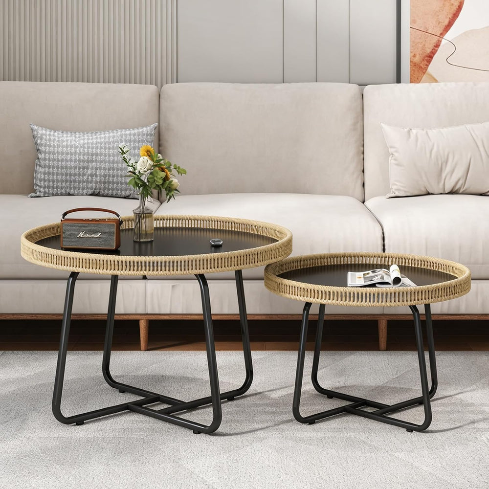Round Nesting Coffee Table Set of 2, Wicker Small Side Table 27.6+19.7 inch