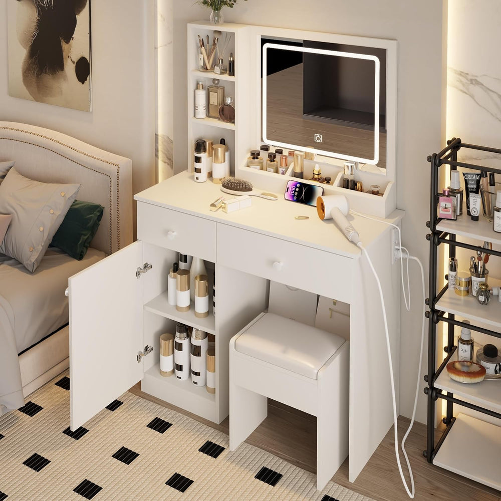 Vanity Set with Mirror and Stool and Lights, with Power Outlet,Dressing Table...