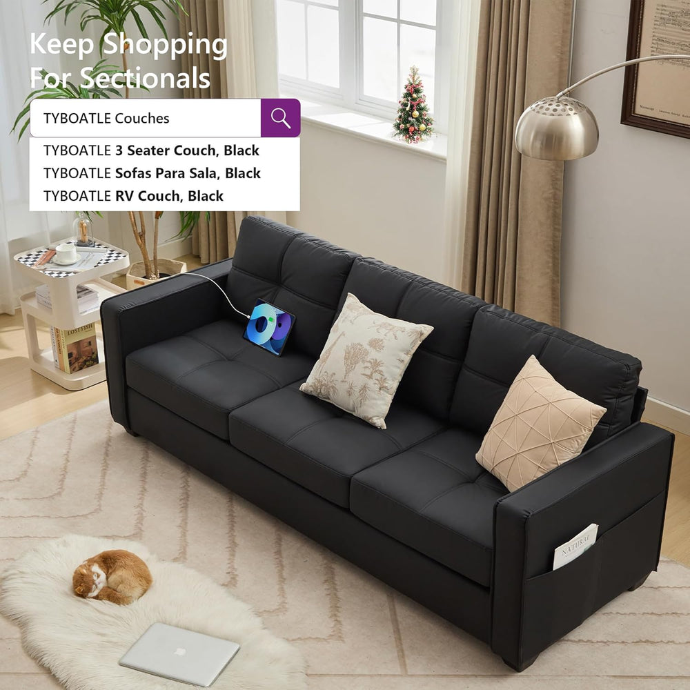 TYBOATLE 88" W Faux Leather Couches w/USB, Tufted Mid-Century Modern Com...