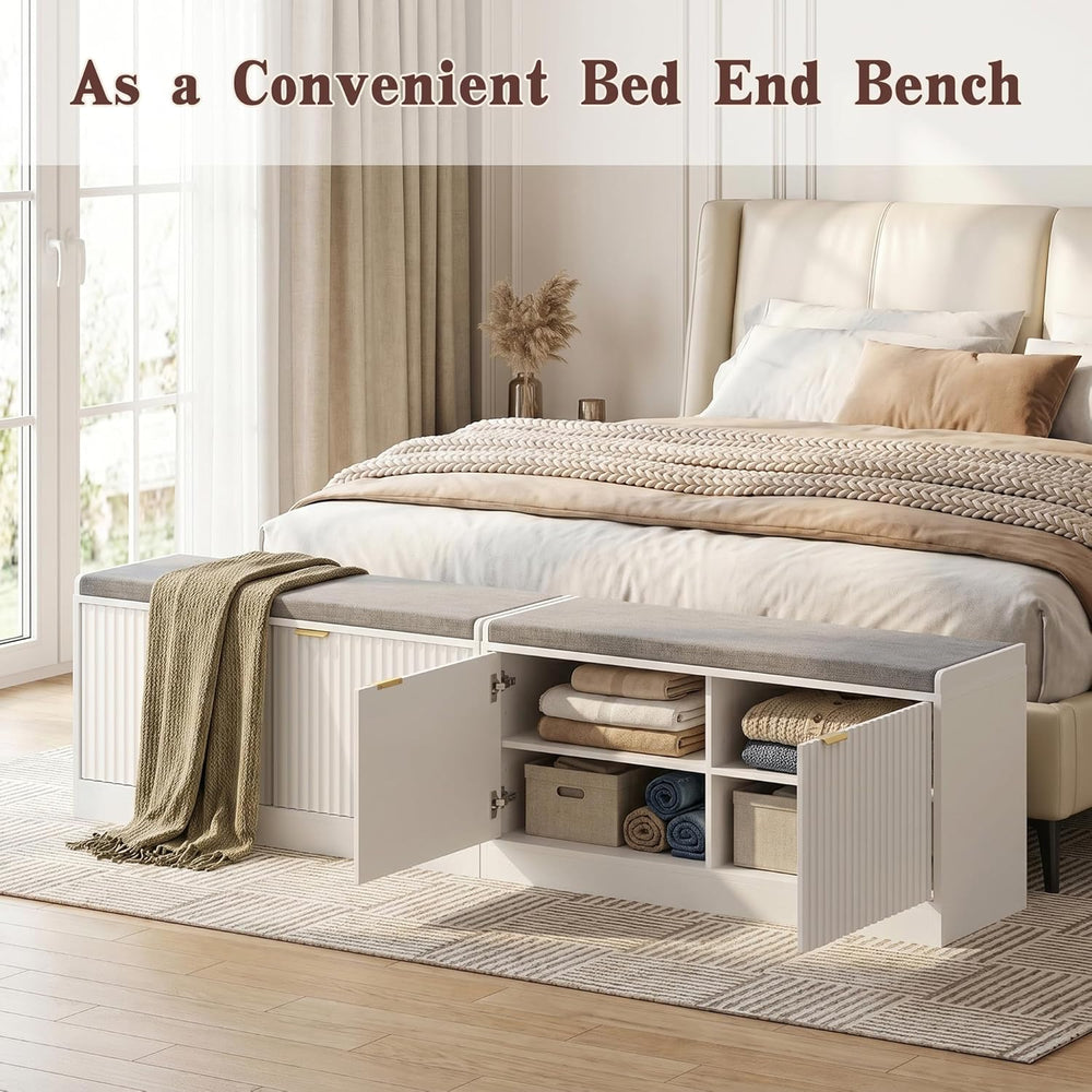 Fluted Shoe Storage Bench with Cushion, 2-Tier Entryway Shoe Bench with Adjus...