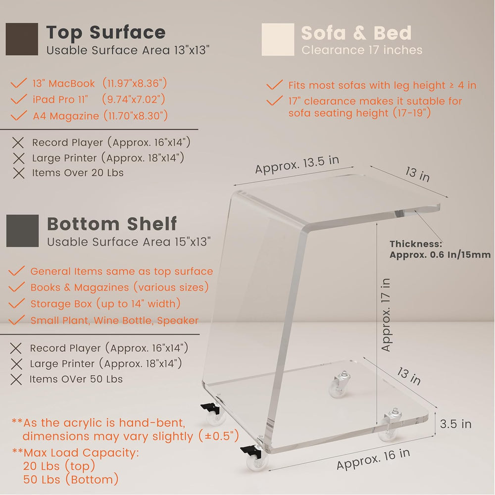 C Shaped Side Table for Sofa, Heavy Clear Acrylic Mobile End Table on Wheels,...