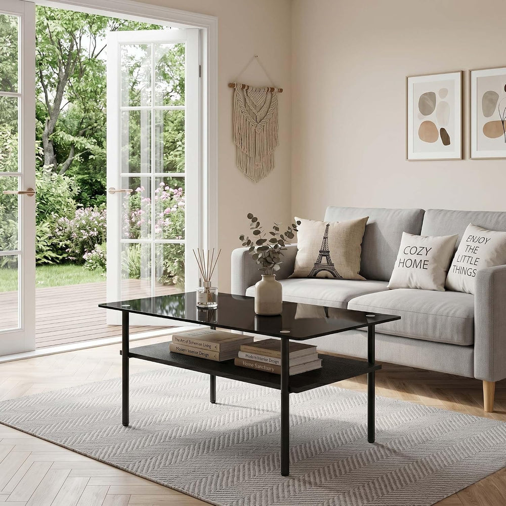 3 Piece Glass Coffee Table Set with 2-Tier Storage, Tempered Glass Living Roo...