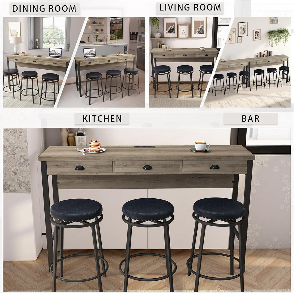 Bar Table and Chairs Set, 60.24” Long Pub Tables with 3 Stools, High Top Tabl...
