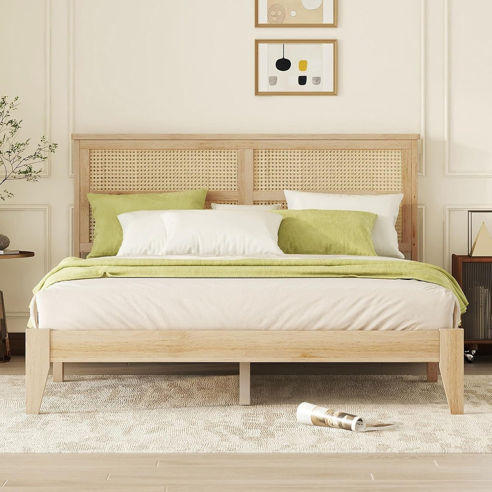 Queen Size Boho Platform Bed Frame with Rattan Headboard