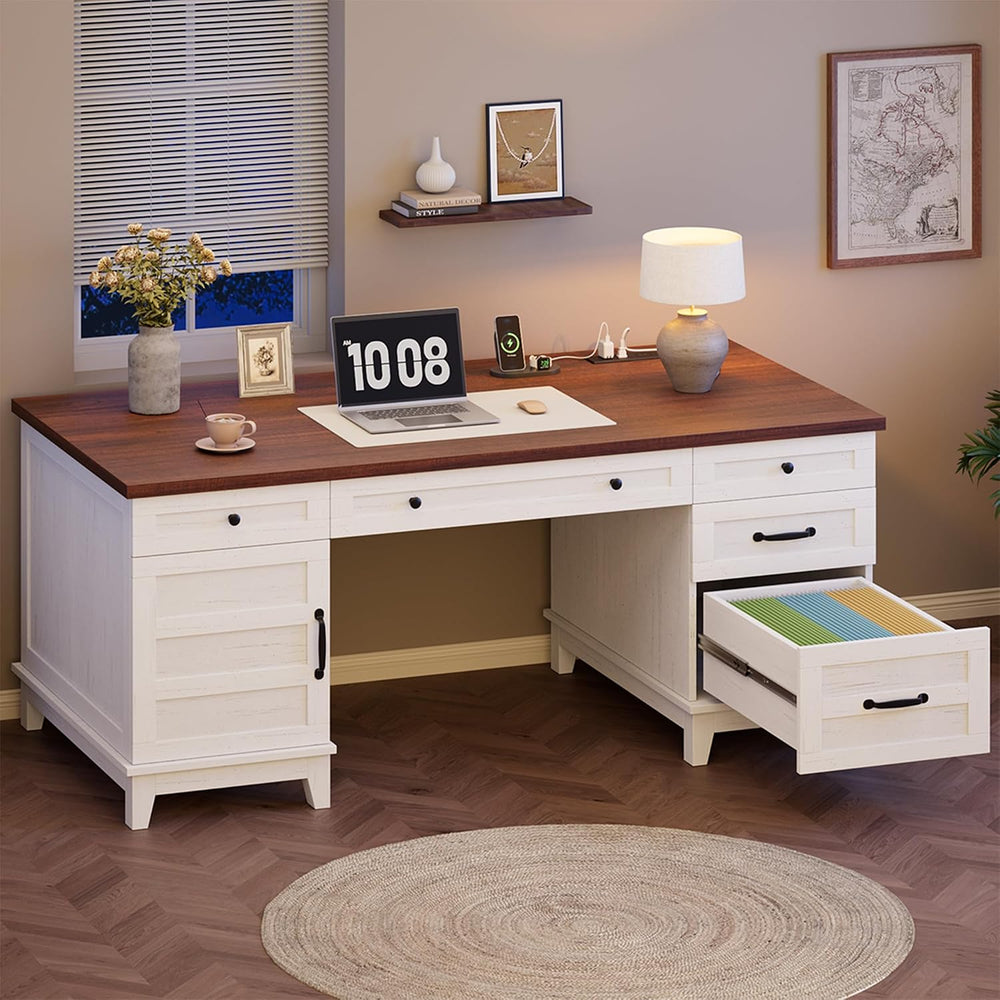 Garvee 60" Wooden Home Office Desk with File Drawers, Executive Desk wit...