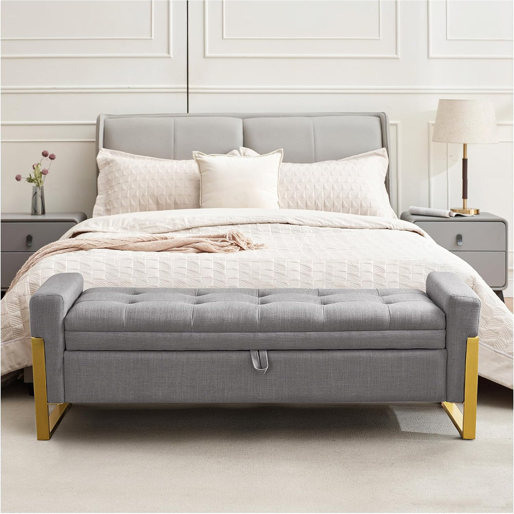 57" Storage Ottoman Bench,Upholstered Linen End of Bed Bench Entryway St...