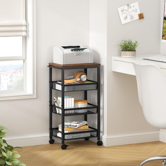 Hoctieon Rolling Storage Cart, 4-Tier 11.8" Wide Panel Kitchen Storage Cart, Utility Carts with Handle & Wheels, Mobile Shelving Unit, Metal Frame Narrow Carts for Home Kitchen, Laundry, Rustic Brown