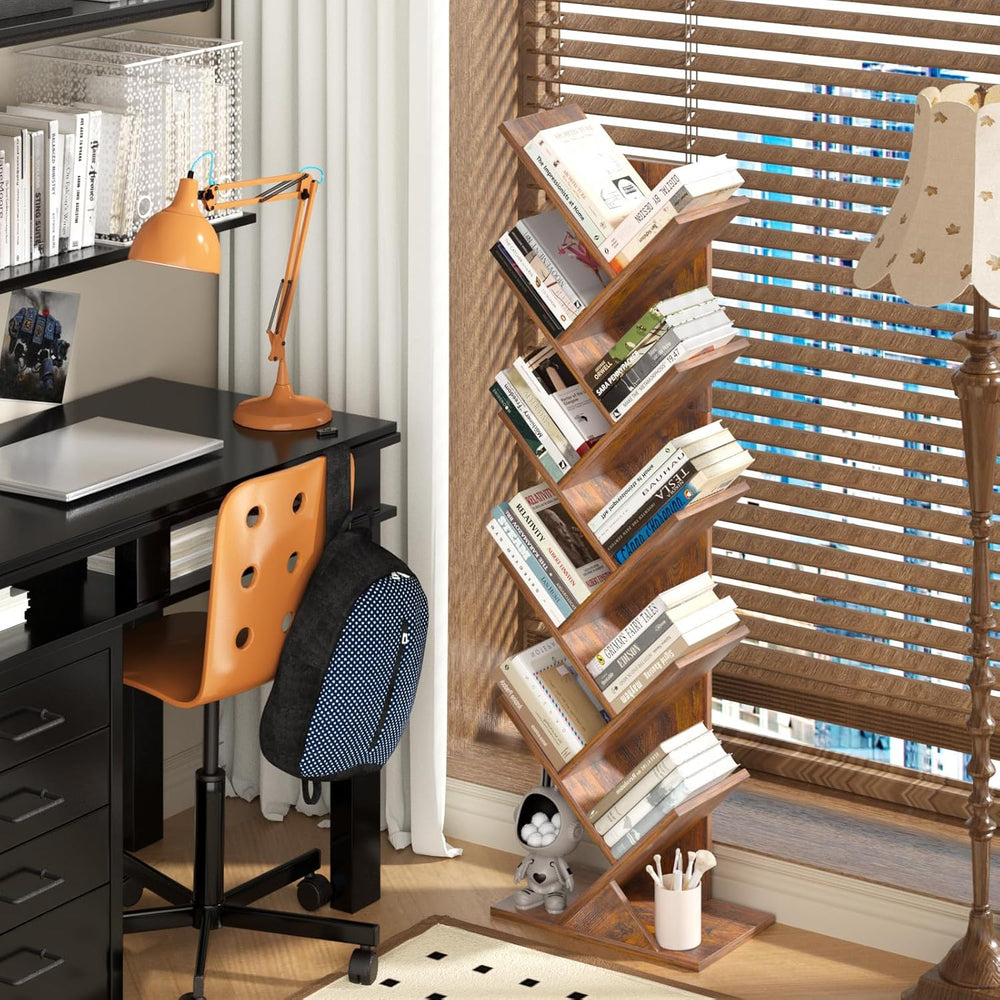SHEEPAM 10 Tier Tree Book Shelf, Floor Standing Wood Bookshelf for Narrow Spa...