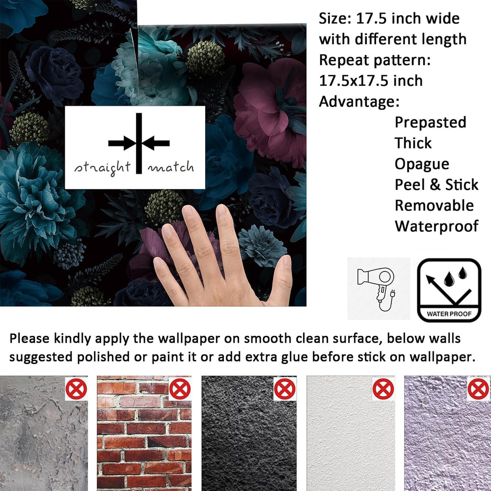 Livelynine 17.5x591" Black Floral Wallpaper Peel and Stick Moody Dark Vi...