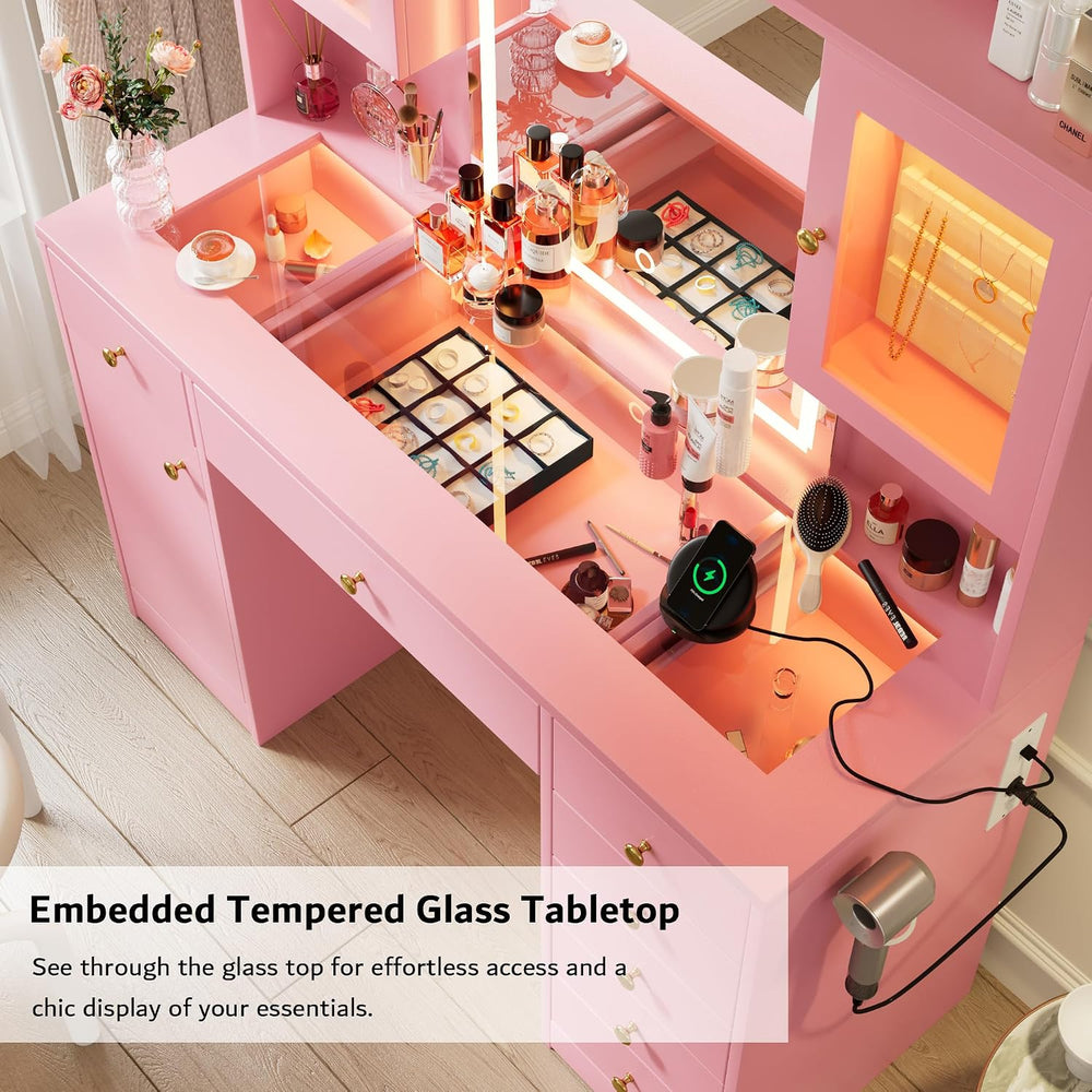 iPormis Vanity Desk with Mirror and Lights, Glass Top Makeup Vanity with RGB ...