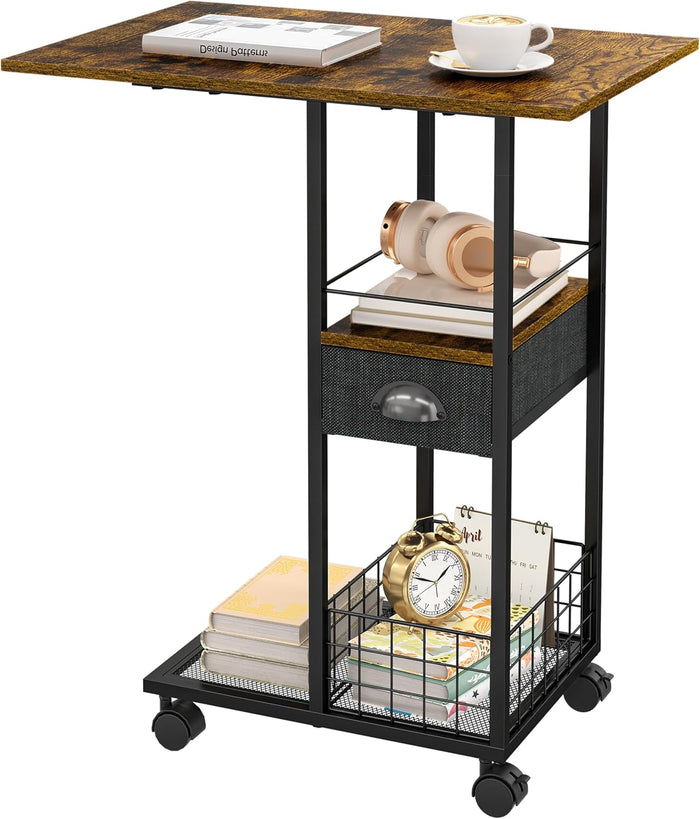 Rolling C-Shaped Side Table with Wheels and Oversized Wood Top, Mobile Overbed Stand with Drawer for Bed or Sofa, Metal Frame Couch Companion for Living Room, Bedroom, or Home Office (Large Desktop)