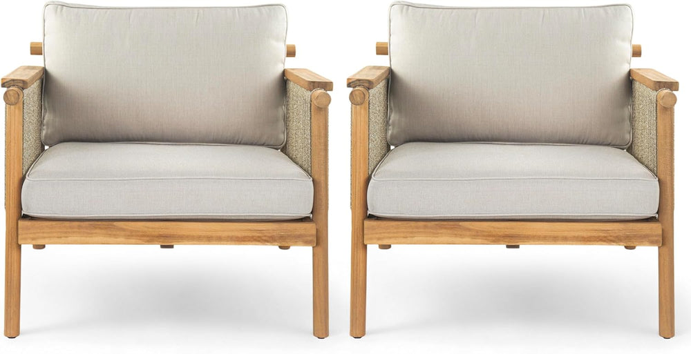 Merax Outdoor Acacia Wood Lounge Chair w/Cushions Set of 2, Patio Club Chair ...