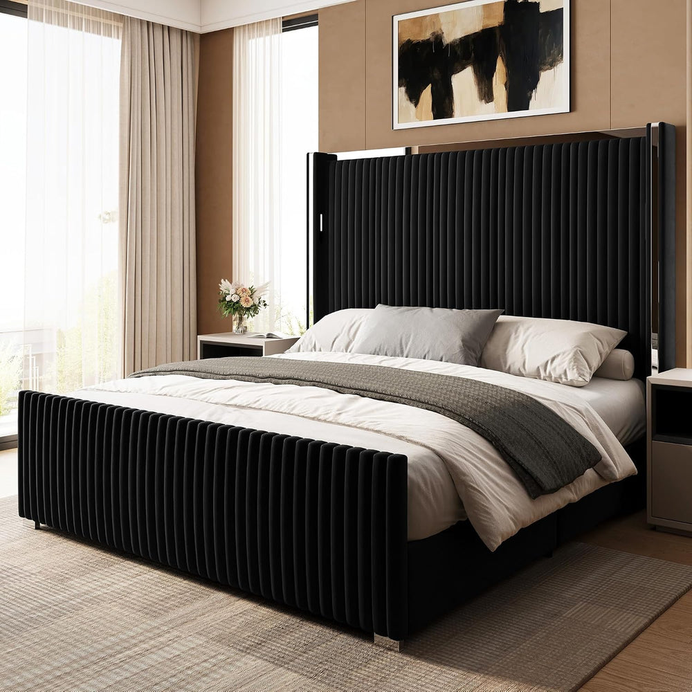 Belffin Queen Size Bed Frame with 59'' Tall Headboard, Velvet Bed, Black