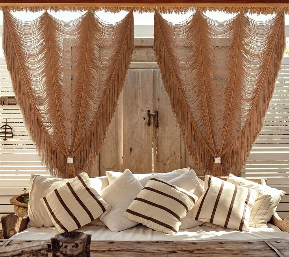 2 Panels Macrame Curtains 59" W x 75" H Handwoven Brown Room Divide...