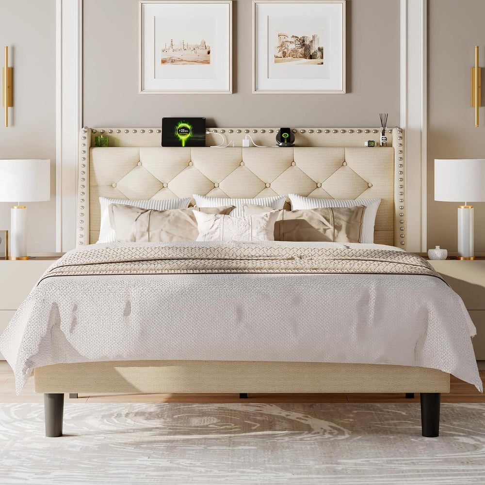 Feonase Queen Bed Frame with Luxury Wingback and Fast Charging Station,Queen ...