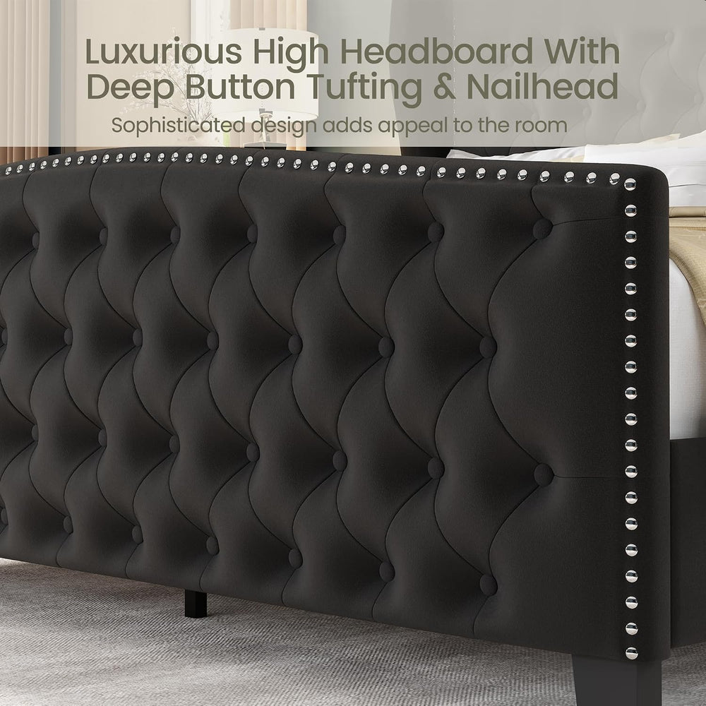 LARMACE King Size Bed Frame Velvet Upholstered Platform Bed with Wingback Hea...