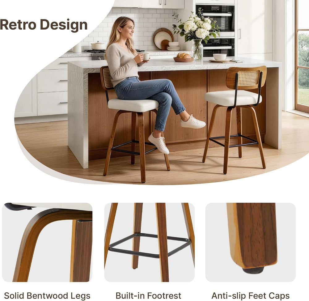 Swivel Bar Stools Set of 3, 26" Counter Height with Rattan Back, Ivory
