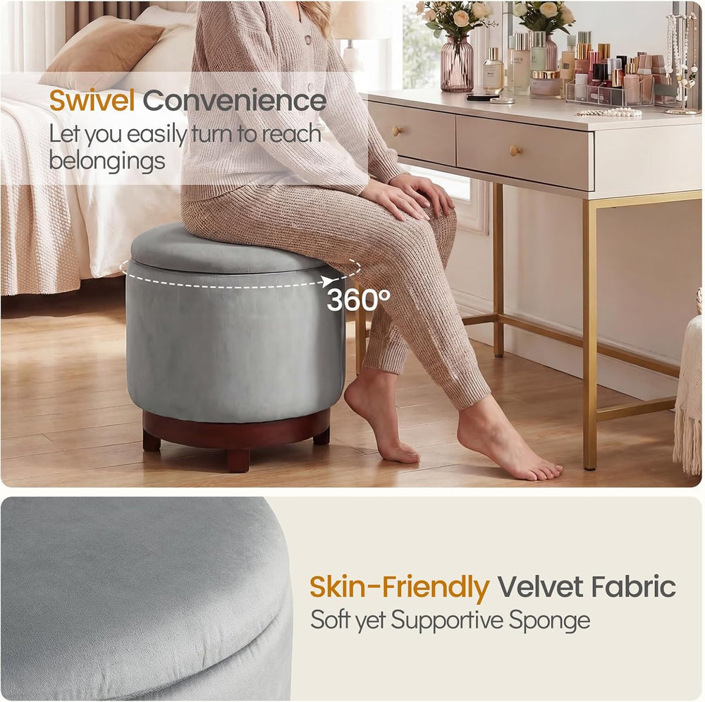 Giantex Round Ottoman with Storage, 360° Swivel Velvet Vanity Stool with Remo...