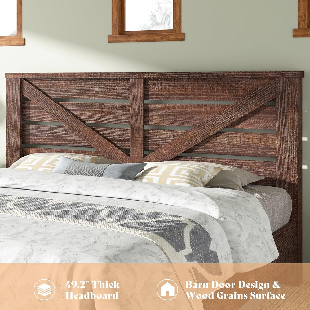 AMERLIFE Farmhouse Queen Size Bed Frame with 49" Barn Door Headboard, Brown