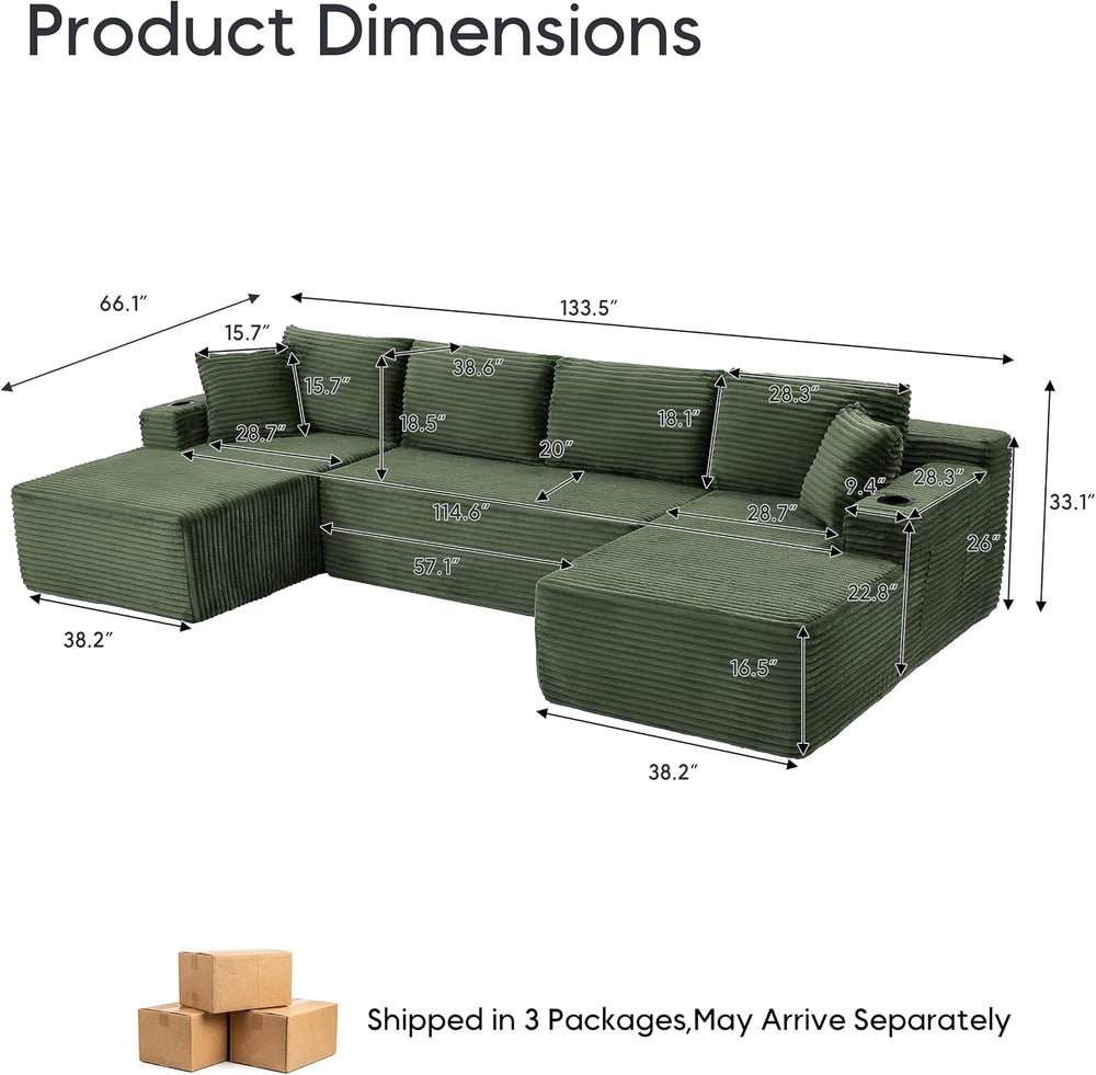 133" U-Shaped Modular Sectional Sofa, Corduroy Couch, Green | Cloud Luxu...