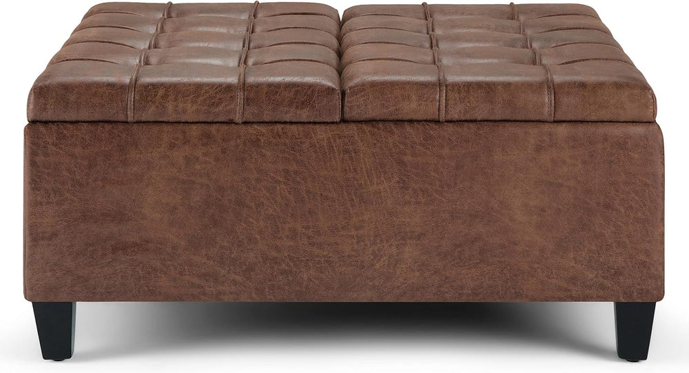 SIMPLIHOME Harrison 36" Wide Vegan Leather Lift Top Ottoman in Saddle Br...