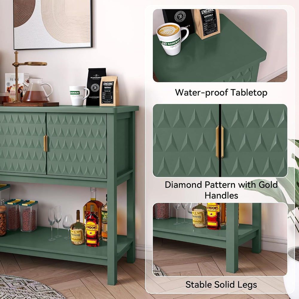 42” Modern Console Table with 3 Diamond Doors & Shelf for Entryway, Green...