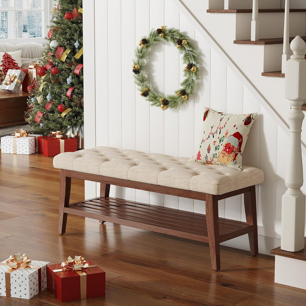 LEILISI Entryway Bench with Storage, Linen Upholstered Bench(Beige, 39.4'...