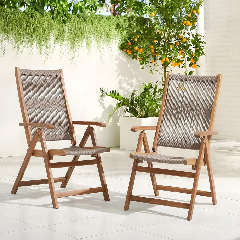 Folding Patio Chair Set of 6, Wooden Rope Recliner, Beige
