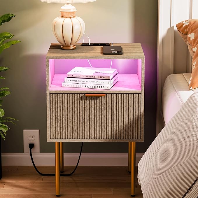 Modern Nightstand with Charging Station and LED Lights, White Bedside Table w...