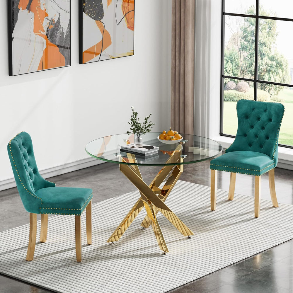 Henf 3 Piece Dining Table Set for 2, Glass Round Dining Table and 2 Upholster...