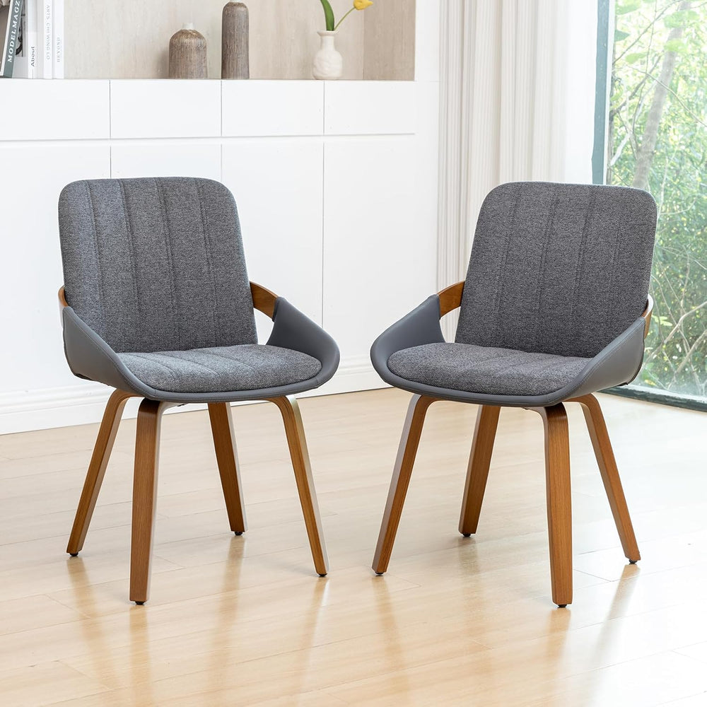 Dining Room Chairs Set of 2, Mid Century Modern Gray Fabric+Faux Leather Kitc...