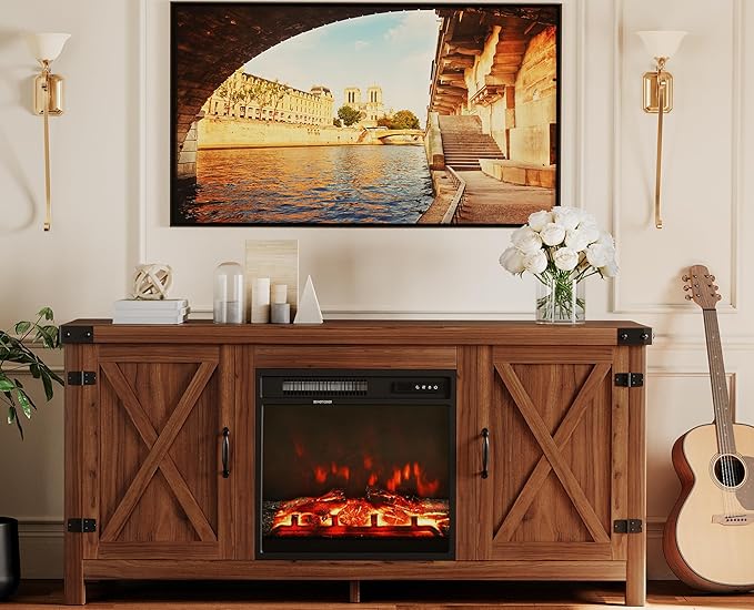 JUMMICO Fireplace TV Stand, Farmhouse Entertainment Center with Fireplace and...