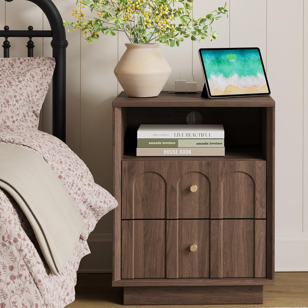 FORTUNETEC 17.7" Nightstand with Charging Station, Arched Design, Walnut