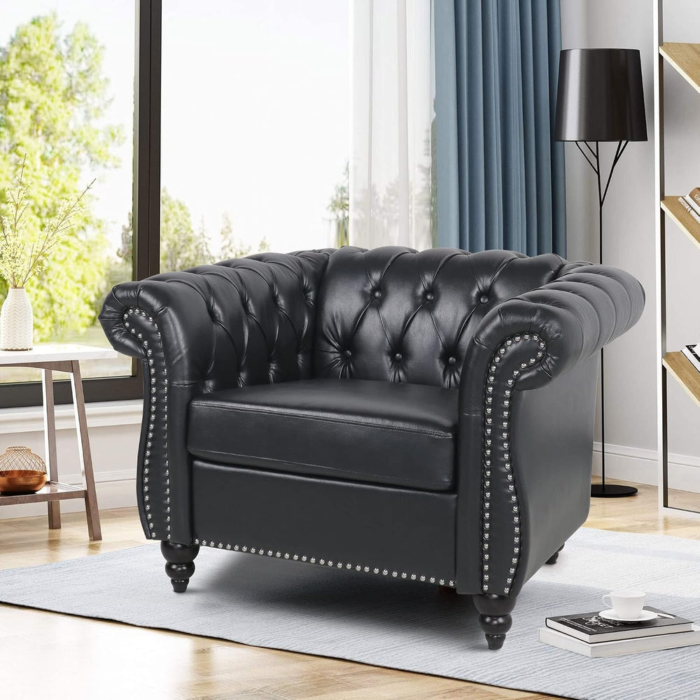 LEVNARY Leather Upholstered Armchair, Mid-Century Modern Single Sofa Chair wi...