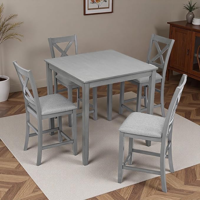 Dining Table Set for 4, Modern Counter Height Kitchen Dining Set, Wooden Tabl...