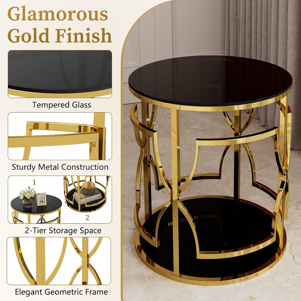 Merax 19.7" Round Gold Metal Side Table with Tempered Glass Top & 2-...