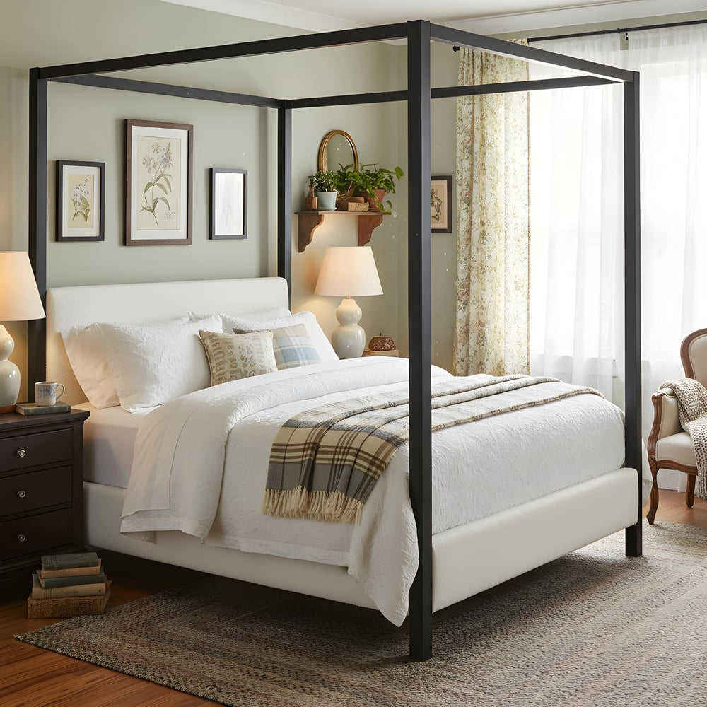 LUMISOL Queen Size Metal Canopy Bed with Upholstered Headboard, Modern Black ...