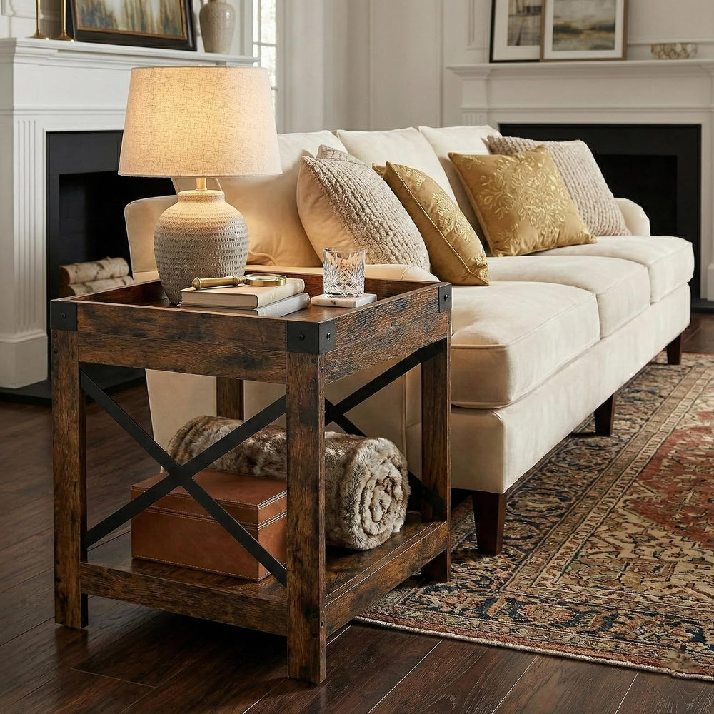 Farmhouse Square Side Table with Open Storage Shelves, Large End Table Modern...