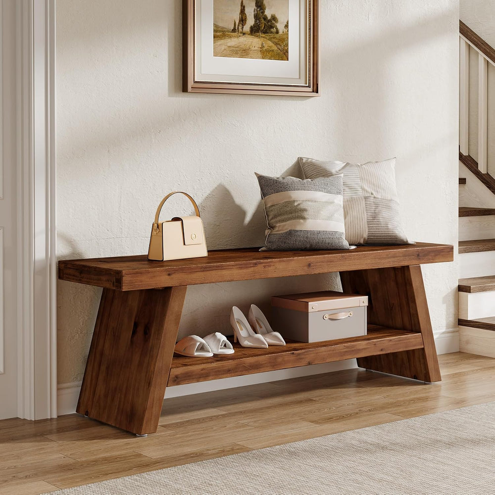 Solid Wood Entryway Bench, 2-Tier Wooden Storage Bench, Farmhouse Indoor Shoe...