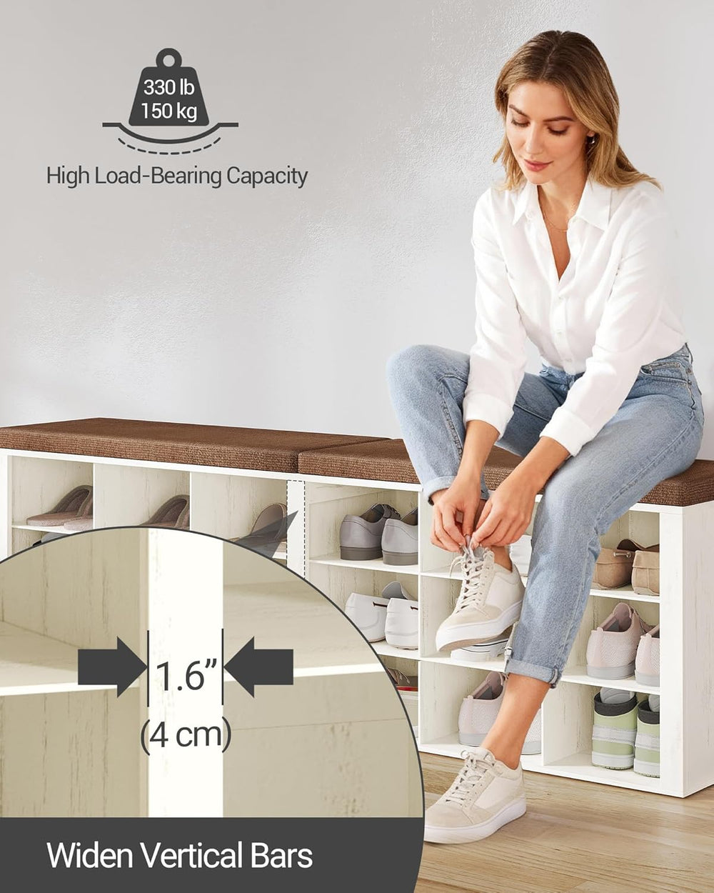 Hzuaneri Shoe Storage Bench with Cushion, Entryway Storage Bench with 18 Cubb...