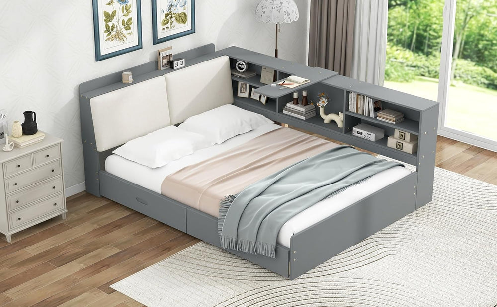 Peanu Full Bed Frame, Storage Headboard, Gray Upholstered Wood