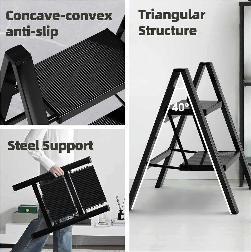 HillhutApex Aluminum Step Stool Foldable,2 Step Ladder (Black)