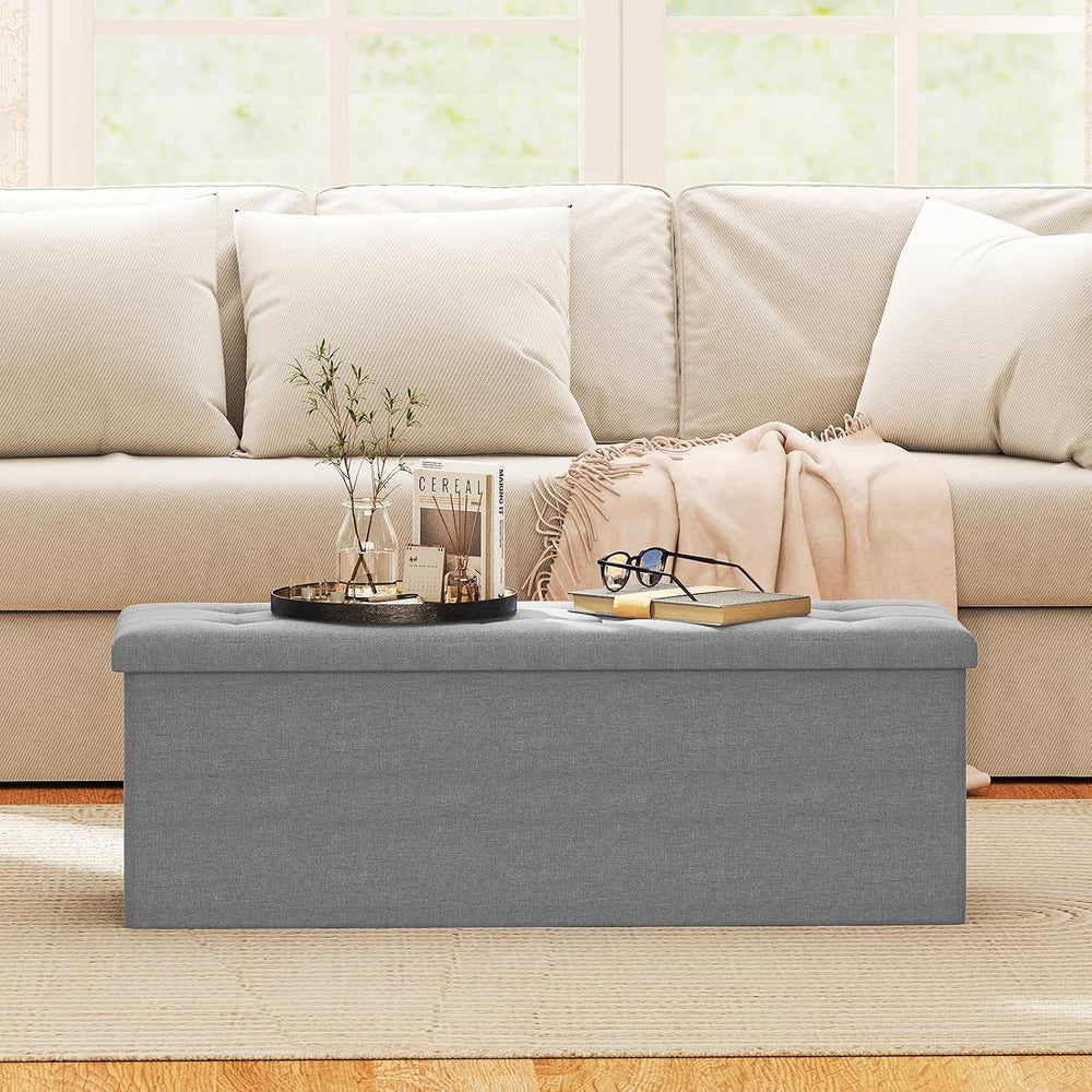 GOFLAME 43 Inches Folding Storage Ottoman Bench, Linen Fabric End of Bed Benc...