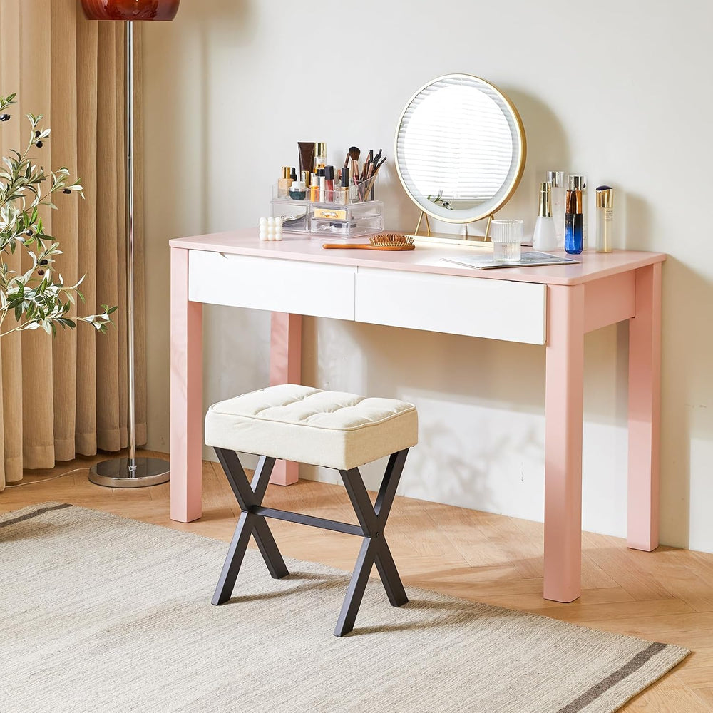 IBUYKE Square Makeup Stool with X-Leg, Linen Vanity Chair, Linen LG-70Y