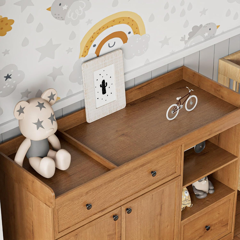 Wide Changing Table with 2 Doors, 2 Different Size Drawer&Storage Cubbies...