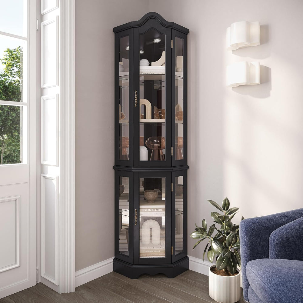 BELLEZE Lighted 3-Side Glass Display Curio Cabinet w/Tempered Glass Doors and...