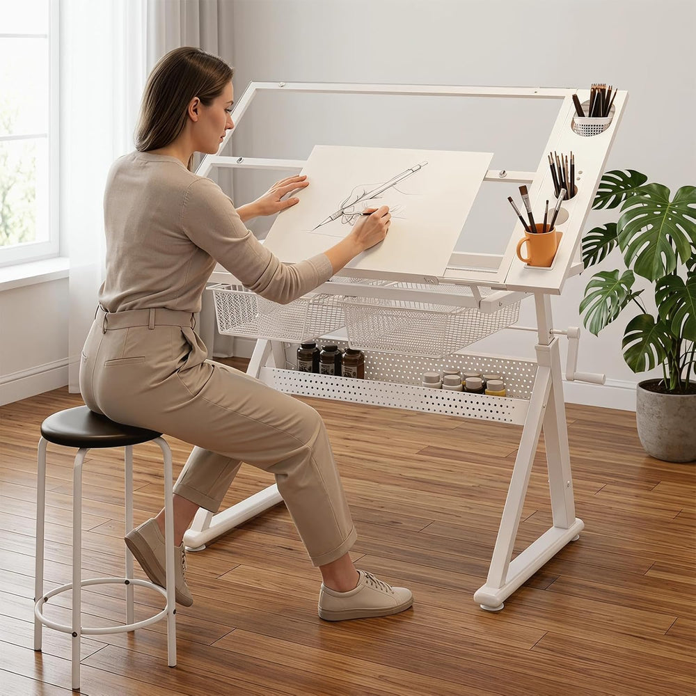 Drafting Table w/Art Stool, Hand Crank Height Adjustable Drawing Desk for Adu...
